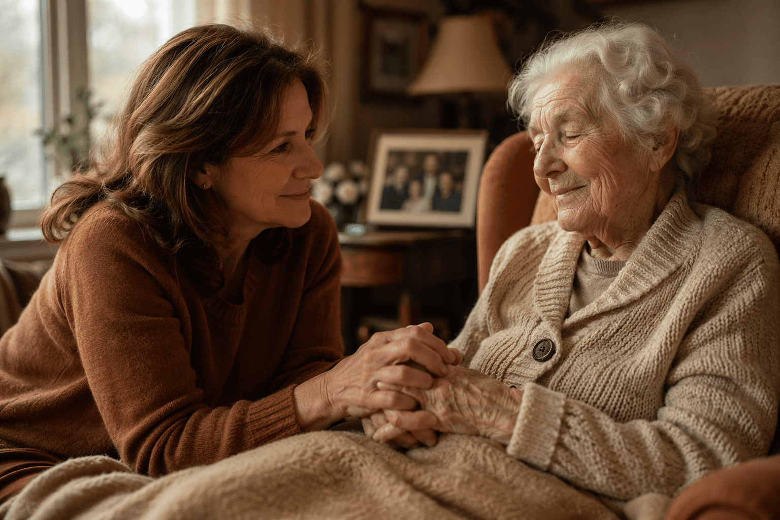 An adult daughter gently holding both hands of her elderly mother with late-stage Alzheimer's in a softly lit living room.
