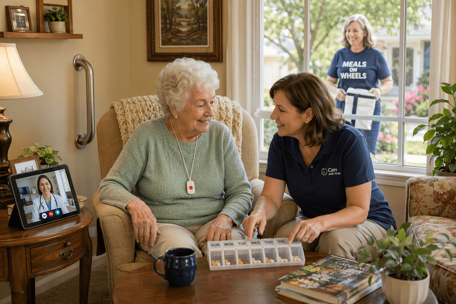 An older woman seated comfortably in a bright living room with a grab bar, medical alert pendant, caregiver assistance, and a telehealth tablet visible.