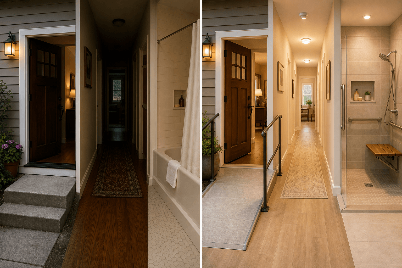 A warm split-illustration of a home before and after aging-in-place modifications: left side shows a steep entry step, dim hallway, and traditional bathtub; right side shows the same home with a zero-step ramp with handrail, bright motion-sensor hallway lighting, and a walk-in shower with grab bars and wooden seat.