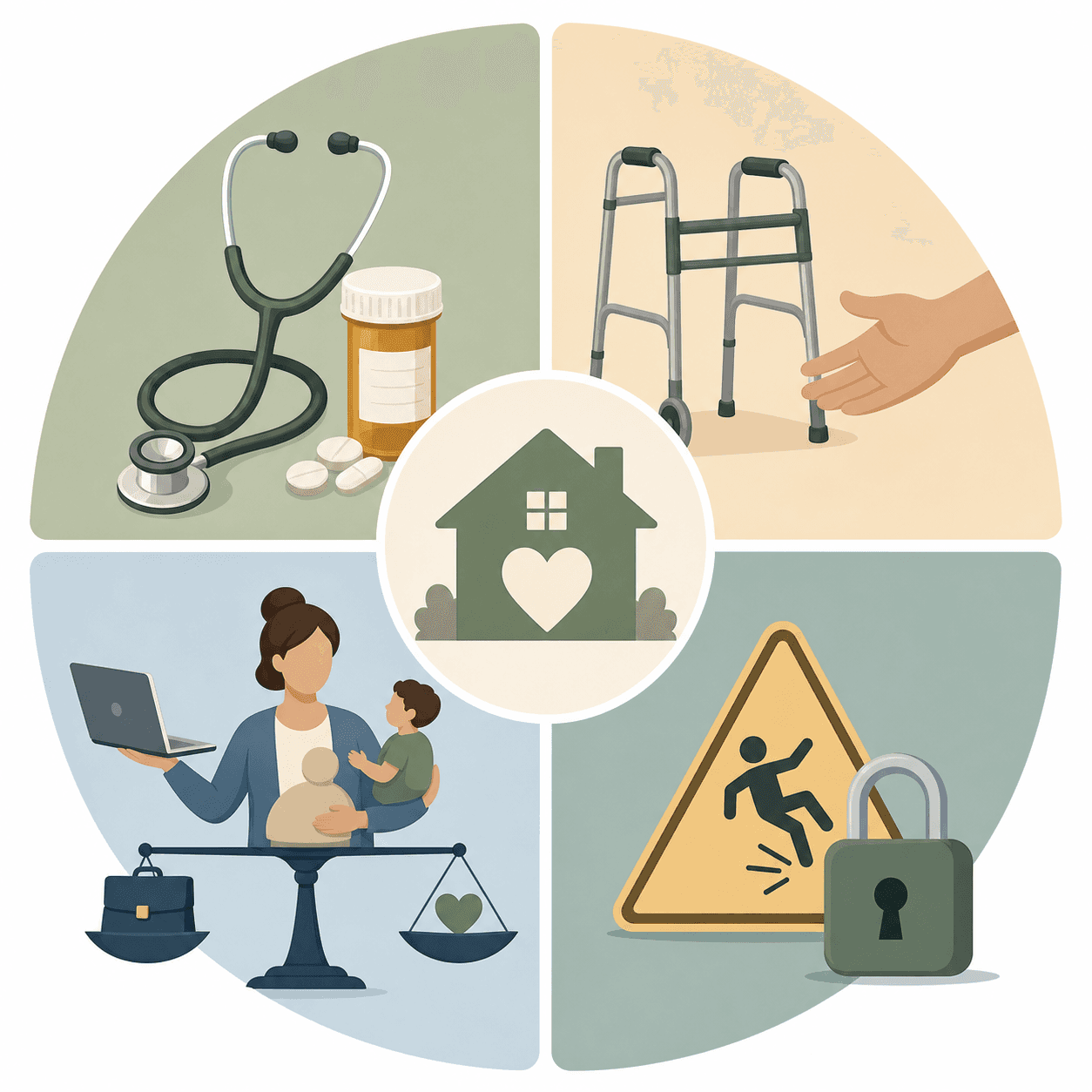 Four-quadrant framework illustration showing Medical Complexity, Functional Decline, Caregiver Capacity, and Safety Risk around a central home icon.