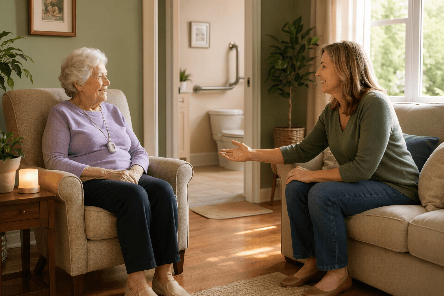 A warm living room scene with an older woman seated in an armchair and a younger woman reaching toward her. Visible through a doorway: a bathroom grab bar, a non-slip mat, and a night light. The older woman wears a medical alert pendant.
