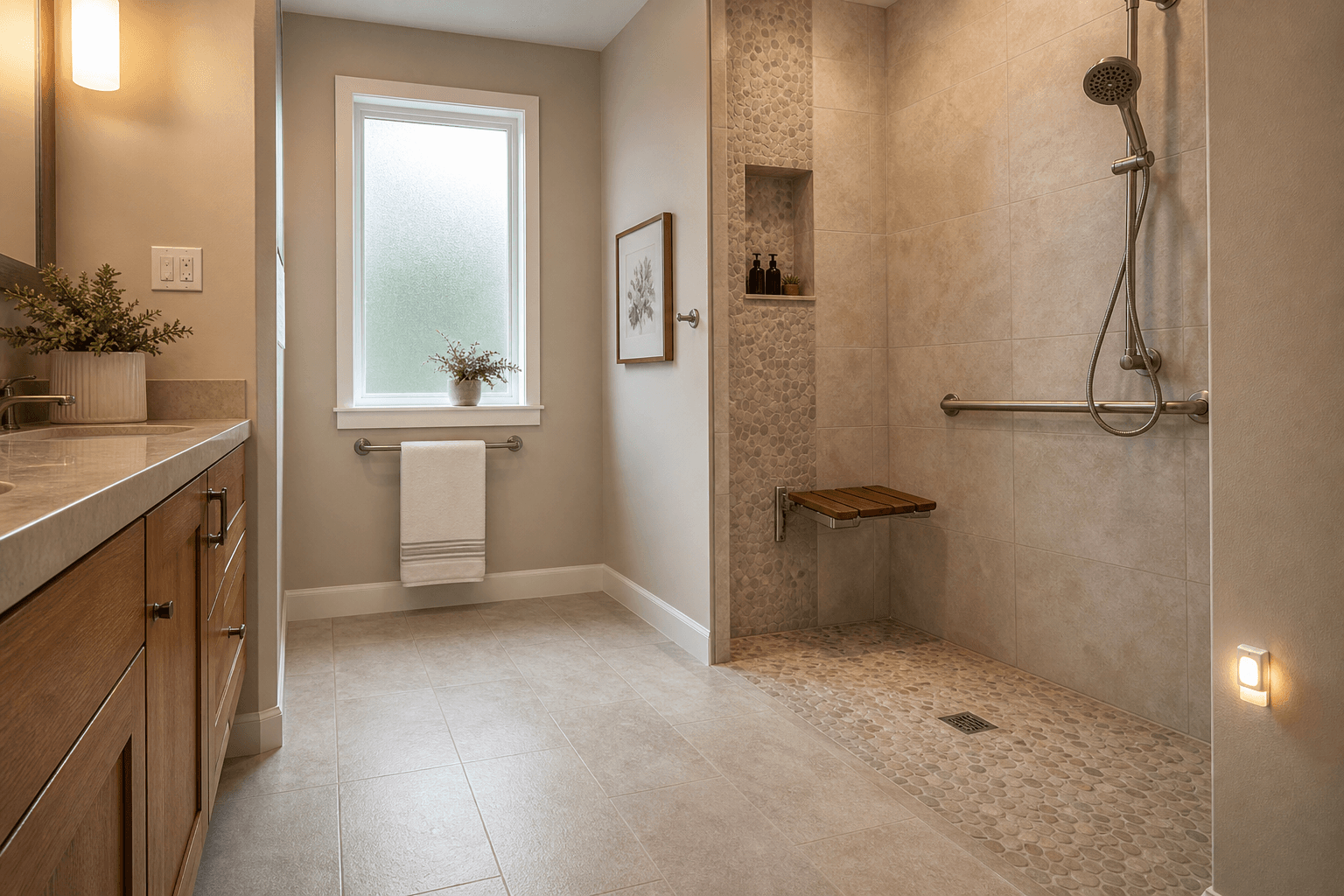 A bright, modern accessible bathroom with a curbless walk-in shower, fold-down teak bench, grab bar, handheld showerhead, non-slip tile flooring, and a motion-activated night light near the baseboard.