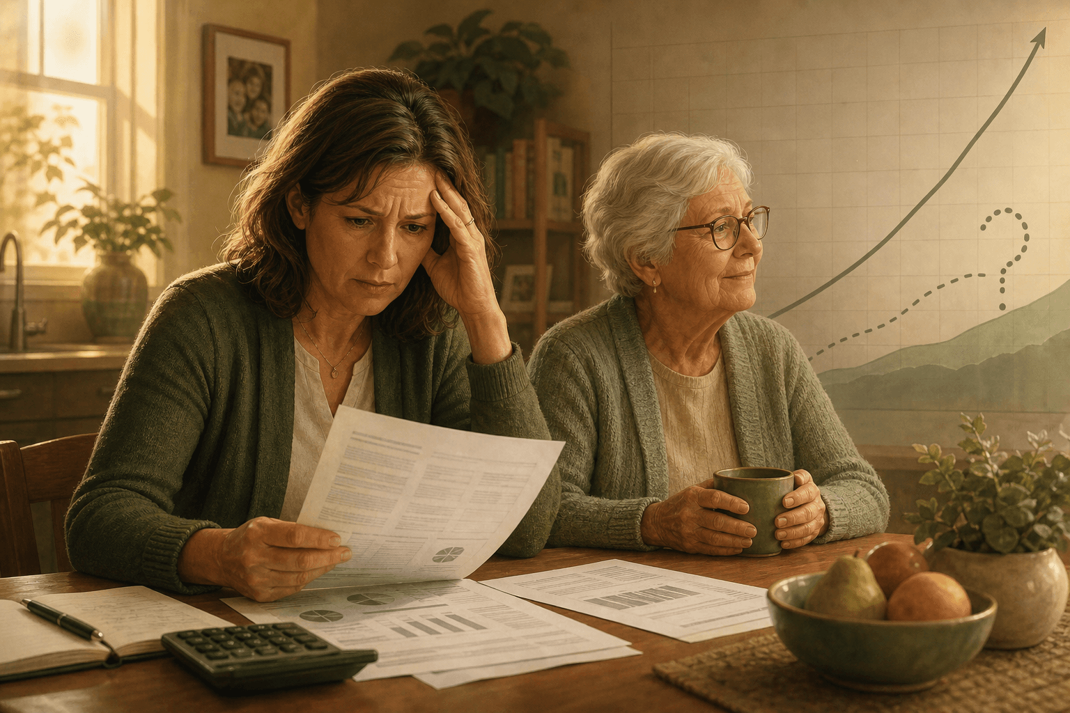 A middle-aged adult sits at a kitchen table with financial documents and a concerned expression, while an older parent figure sits nearby unaware. In the background, a faint chart shows a rising long-term care cost curve with a question mark.