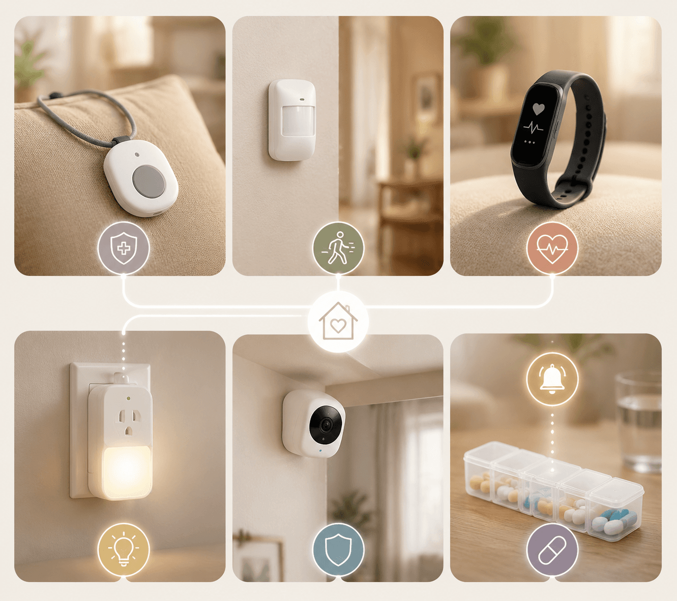 Six elderly monitoring system categories shown as device icons