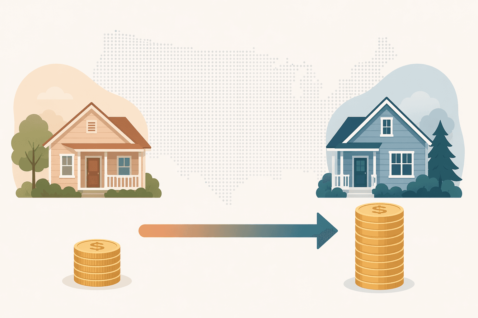 Editorial comparison illustration with two house icons side by side, the left house with a small coin stack beneath representing lower-cost regions and the right house with a much taller coin stack representing higher-cost regions, with a faint dotted US map silhouette in the background and a gradient arrow spanning between the two houses.