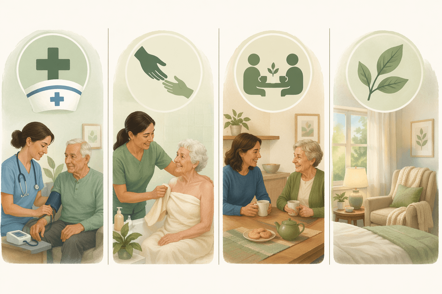 Four vignettes representing skilled home health care, personal care, companion services, and hospice at home