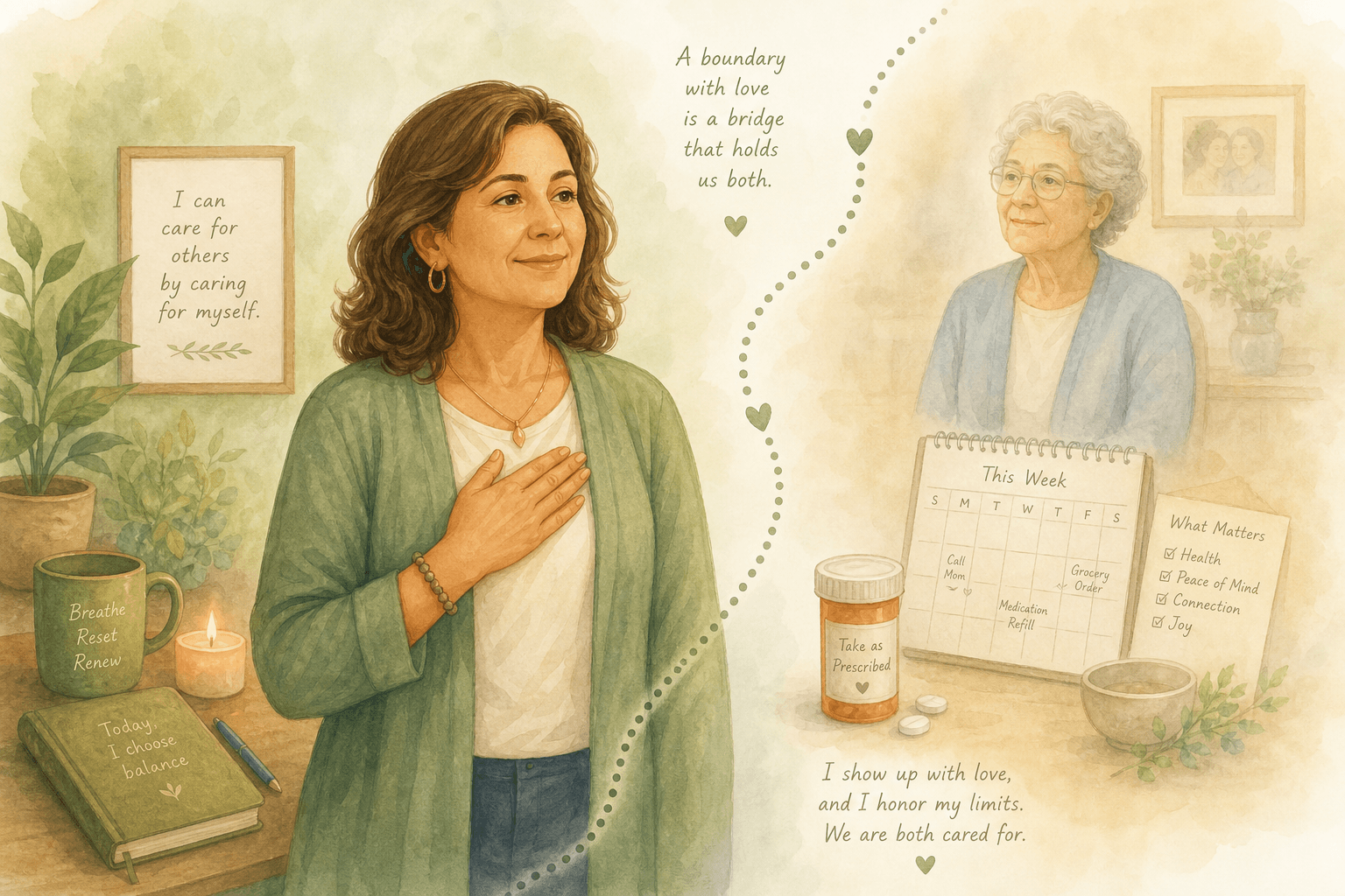 A middle-aged woman standing at a semi-transparent dotted line, one hand resting on her chest in a self-care gesture, with faint caregiving vignettes on the far side.