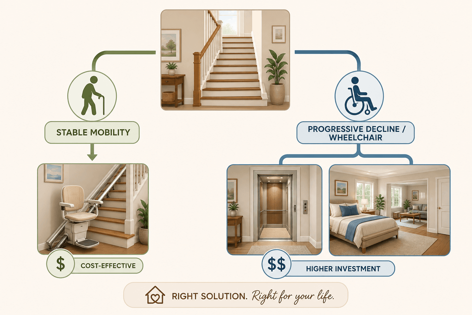 Editorial decision framework with two color-coded paths: 'Stable Mobility' leading to stair lift with cost-effective badge, and 'Progressive Decline / Wheelchair' leading to home elevator and downstairs conversion with higher-investment badge.