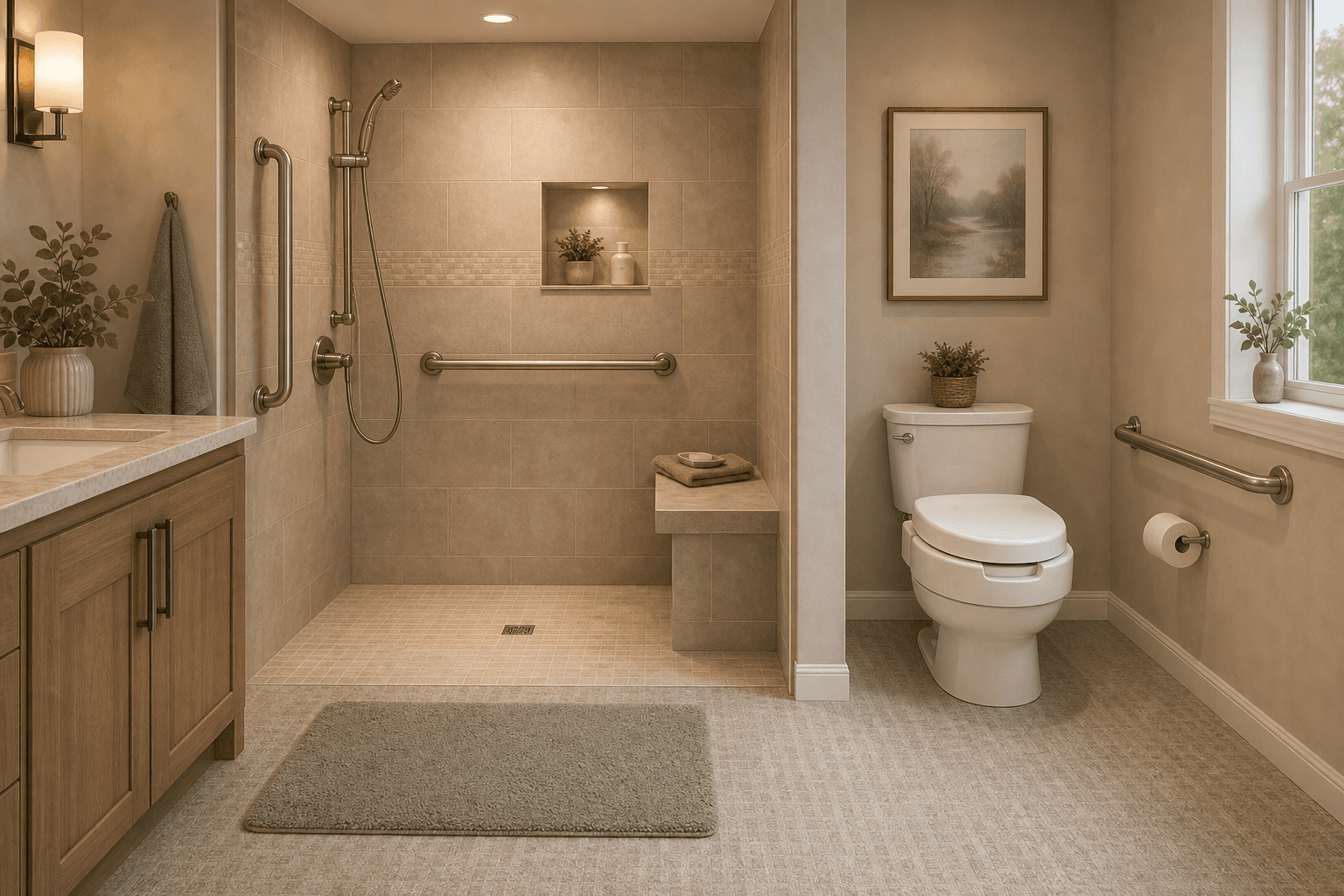 Soft illustration of an accessible bathroom with a curbless walk-in shower featuring a built-in bench and handheld showerhead, grab bars near the shower entry and toilet, a raised toilet seat riser, and nonslip textured flooring.