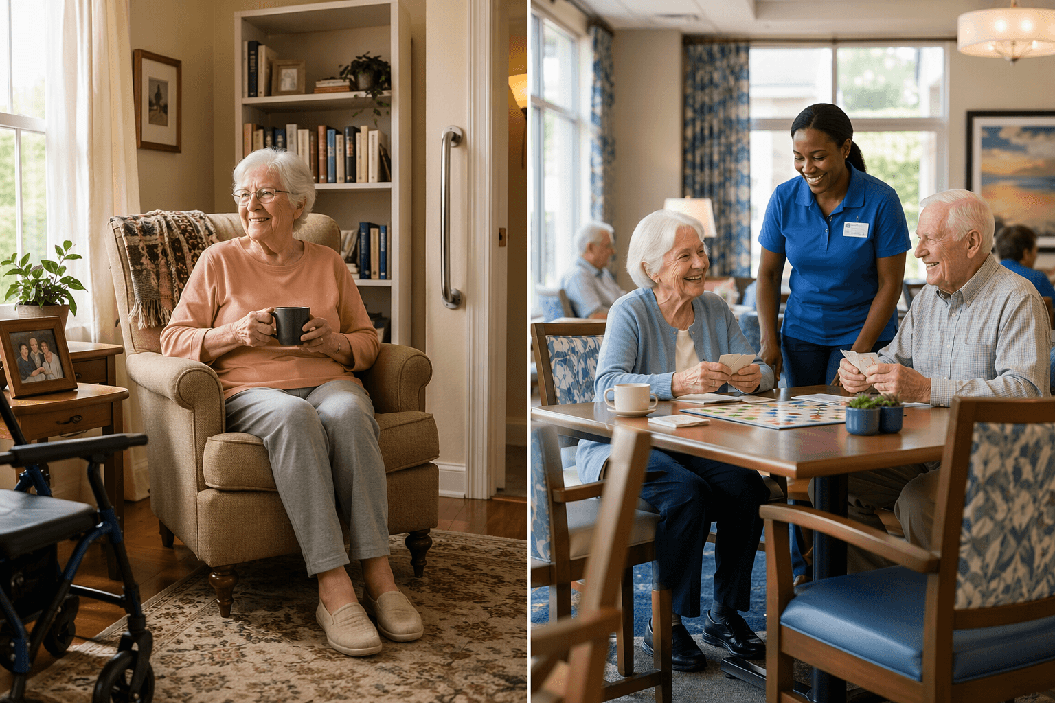 Split-composition photograph showing two senior living scenarios side by side: a woman at home with a walker on the left, and seniors playing cards in an assisted living common room on the right.