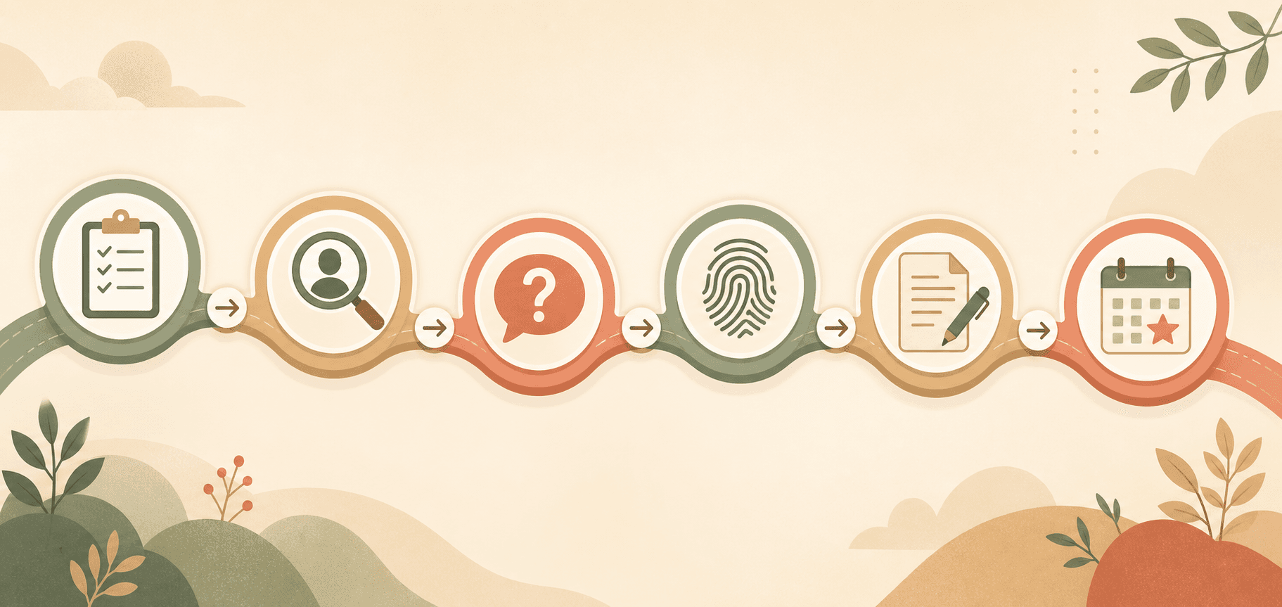 Six-step hiring roadmap showing needs assessment, sourcing, interviewing, background check, contract, and trial period.