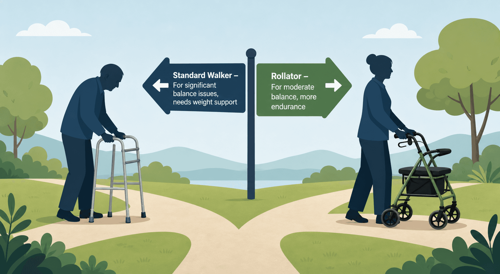 Side-by-side comparison of a senior using a standard walker with more weight on the device versus a senior using a rollator with upright posture, with pathway arrows indicating the clinical decision between the two device types.