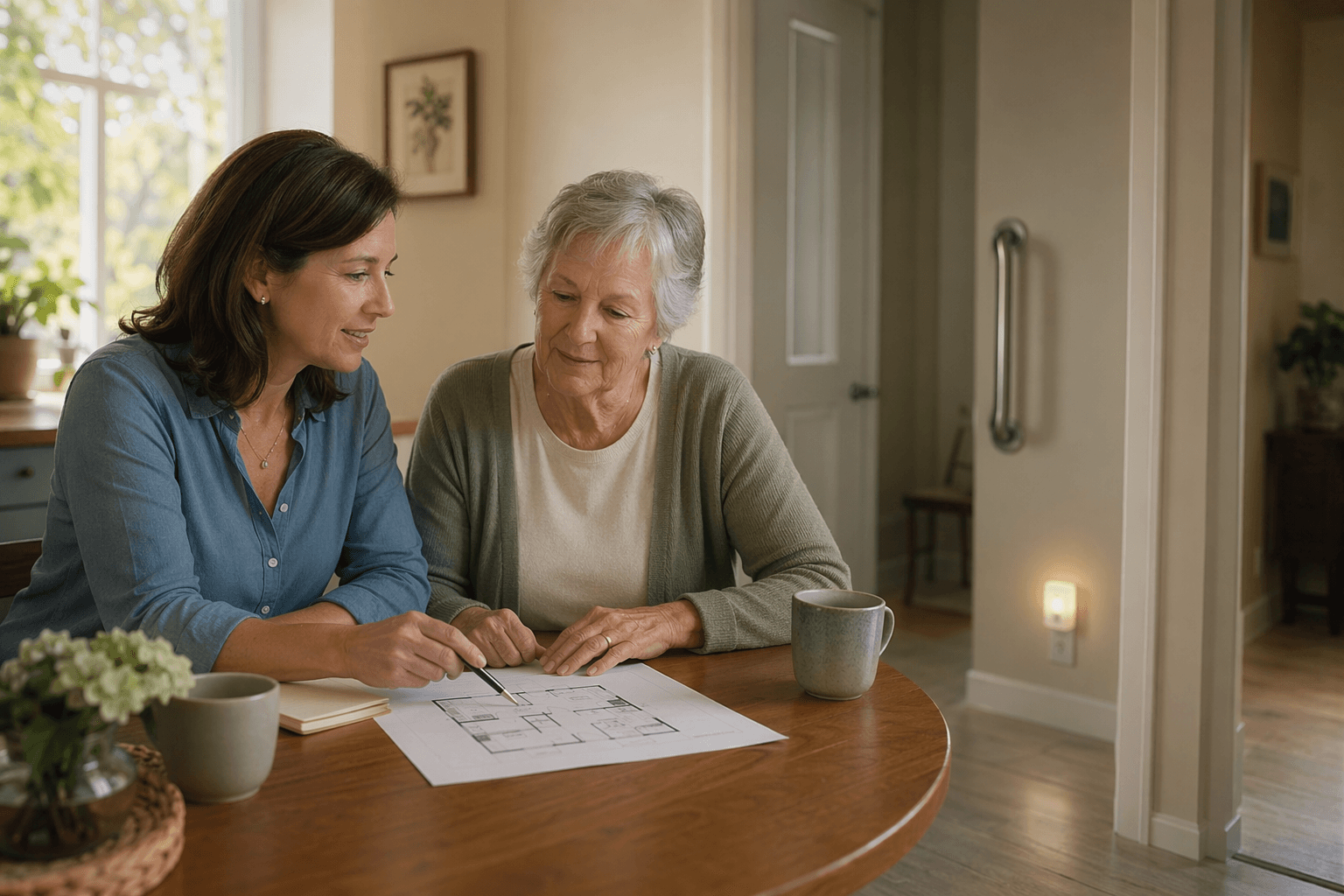 An adult daughter and her elderly mother sitting at a sunlit kitchen table, looking at a floor plan together with calm, collaborative body language.