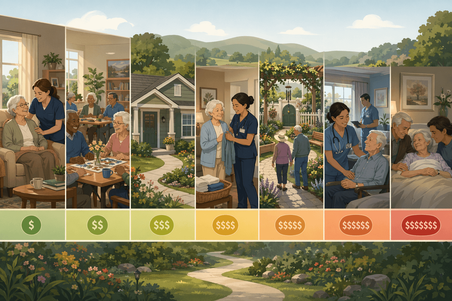 A warm horizontal vector illustration of a senior care spectrum continuum showing in-home care, adult day center, independent living cottage, assisted living apartment, memory care garden, skilled nursing, and hospice scenes with a color gradient from green to red indicating cost levels.