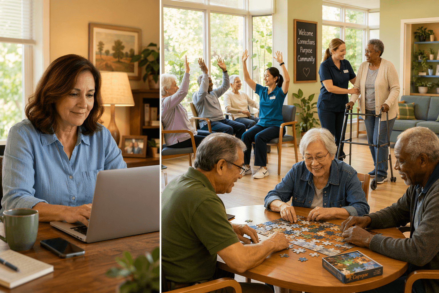 Split-composition illustration: a middle-aged woman works at a home desk on one side, while seniors engage in activities at a bright adult day center on the other side.