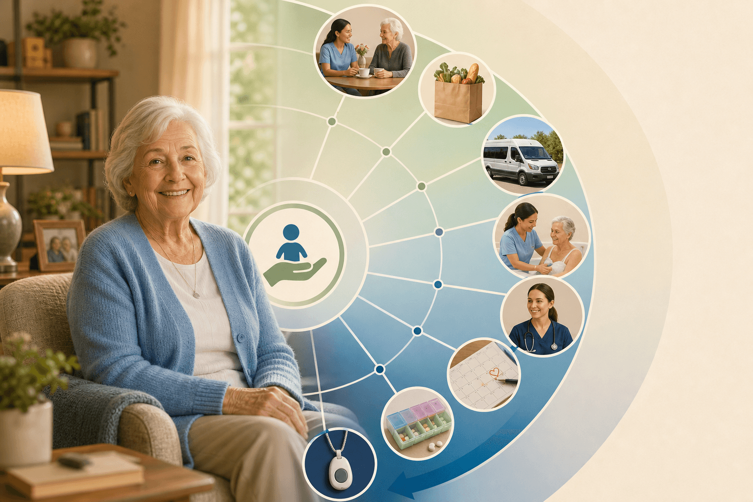 A spectrum of elderly help services radiating from an older adult at home, from companionship and meals to skilled nursing and emergency response.