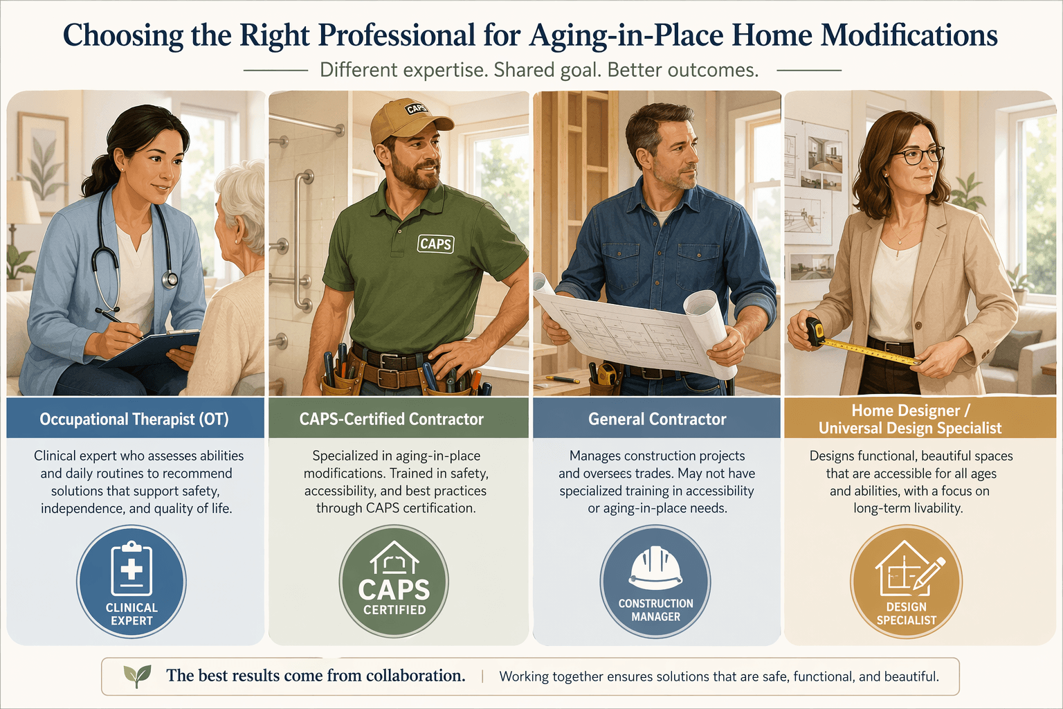 An editorial illustration comparing four professional roles for aging-in-place modifications: an Occupational Therapist with a clipboard, a CAPS-certified contractor with a tool belt and CAPS badge, a General Contractor with blueprints, and a Universal Design specialist with a tape measure, shown side by side with role-label icons in a warm blue and beige palette.