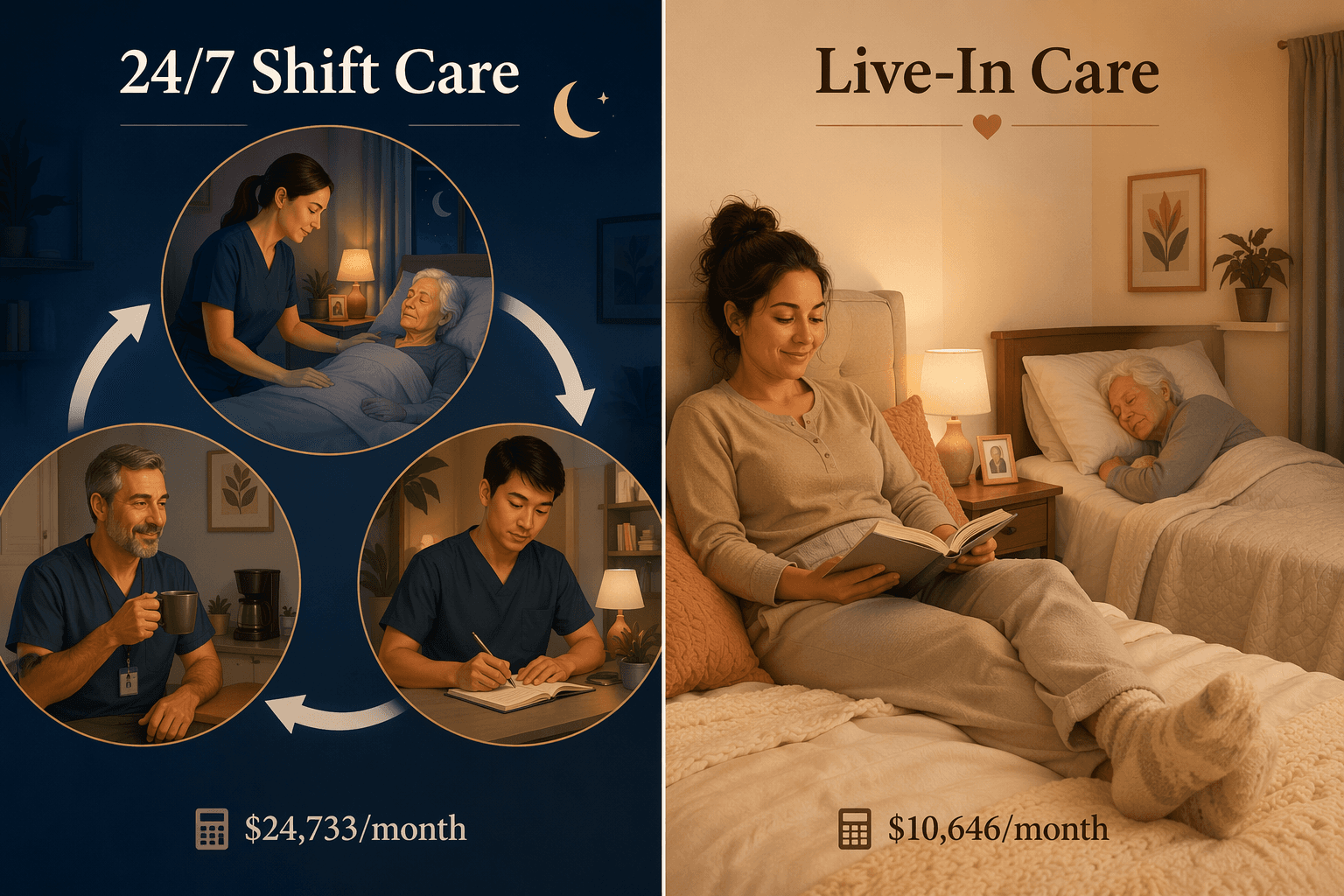 Comparison of 24/7 shift care with multiple awake caregivers and live-in care with one resting caregiver