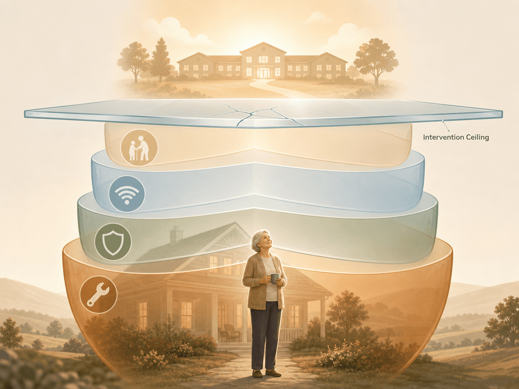 Editorial illustration showing four protective translucent layers rising around a house, reaching a glass-like ceiling with a subtle crack line labeled 'Intervention Ceiling,' with a facility building silhouette glowing above.