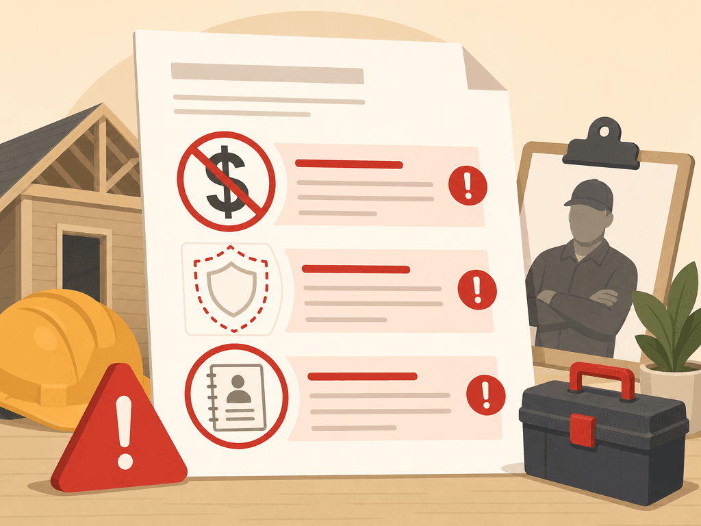A document with red warning icons including a crossed-out dollar sign, a missing shield, and an empty directory listing, representing common contractor red flags.