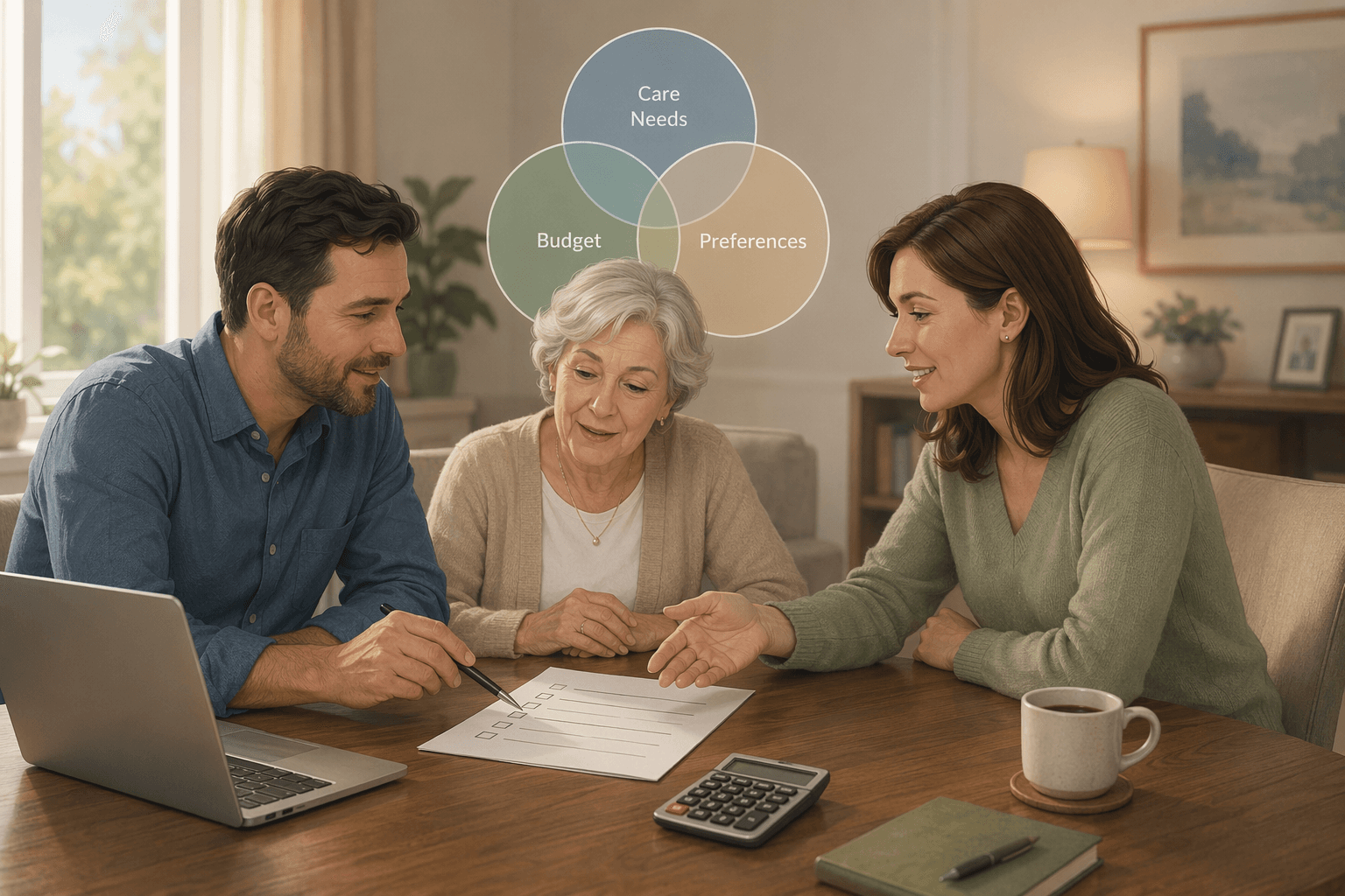 Digital illustration of a multi-generational family — two adult children and an older parent — sitting around a wooden table with a laptop, a printed worksheet with checkboxes, a calculator, and a coffee cup. A translucent 3-circle Venn diagram labeled Care Needs, Budget, and Preferences hovers above the scene.