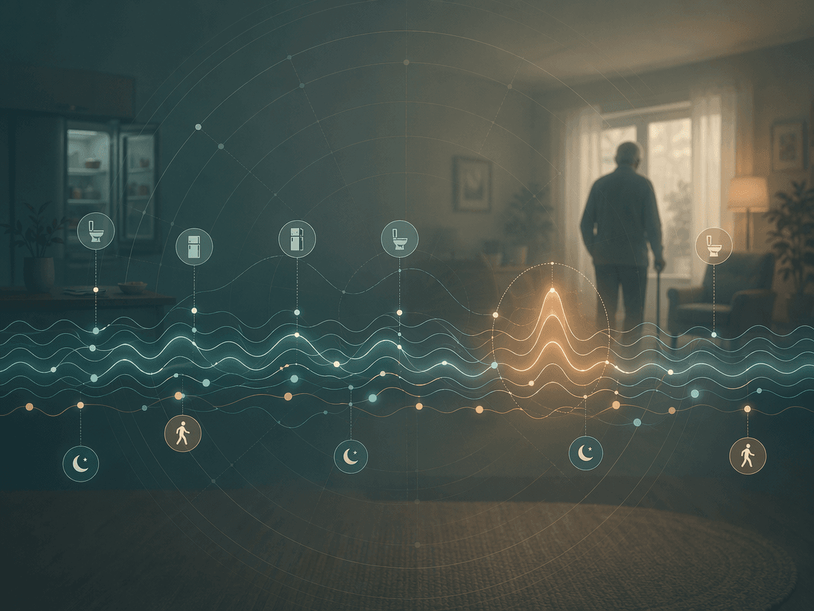 Abstract visualization of AI behavior pattern tracking showing a week-long timeline of activity rhythms with one disrupted area highlighted in warm amber glow, with icons for bathroom visits and fridge openings.