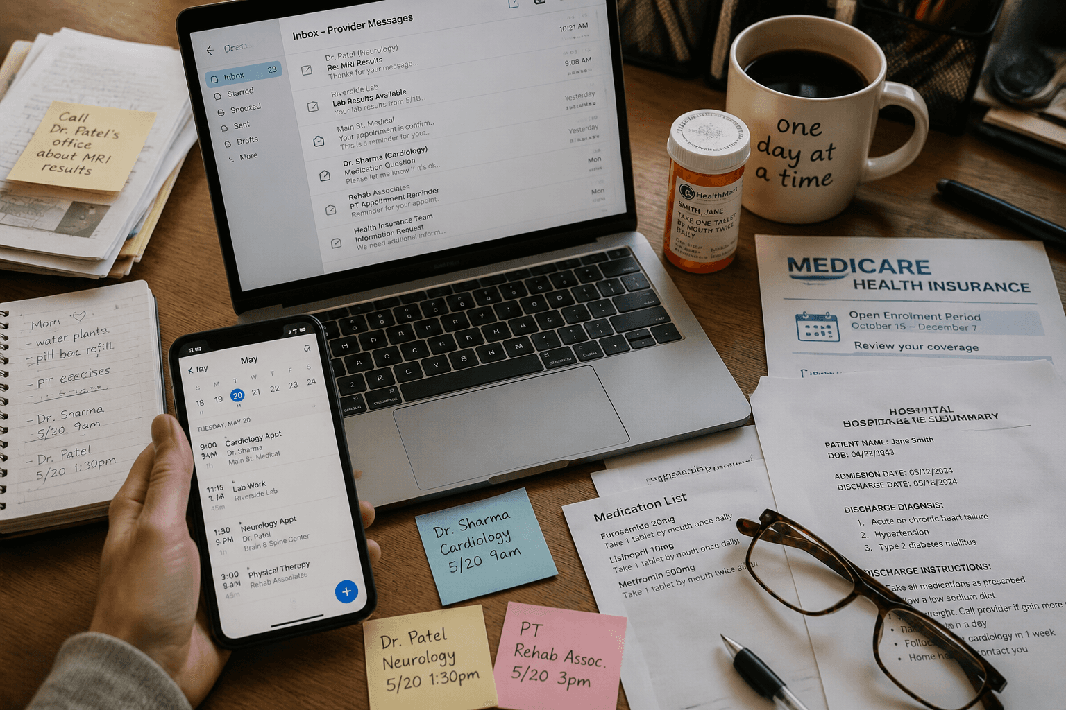 Cluttered home office desk with appointment calendar, provider email, prescriptions, Medicare papers, discharge notes, sticky notes, coffee, and reading glasses