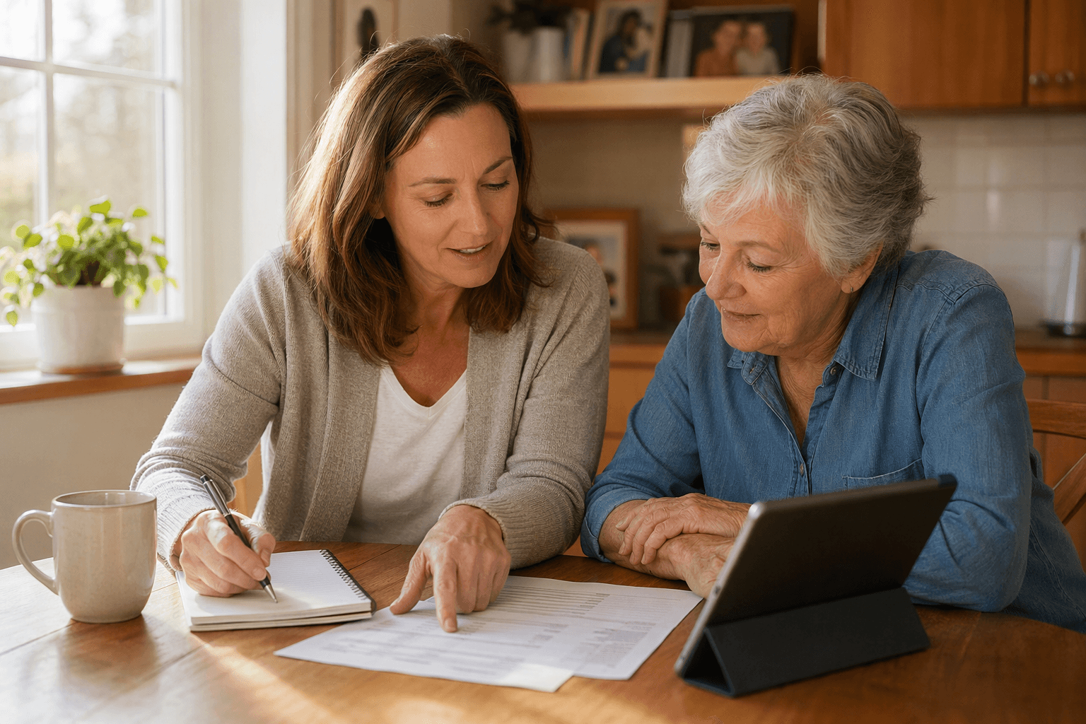An adult daughter in her 40s and her elderly mother sit at a sunlit kitchen table reviewing papers and a tablet together. The daughter writes notes while the mother looks on with trust. A coffee mug and family photos are visible in the warm, homey background.