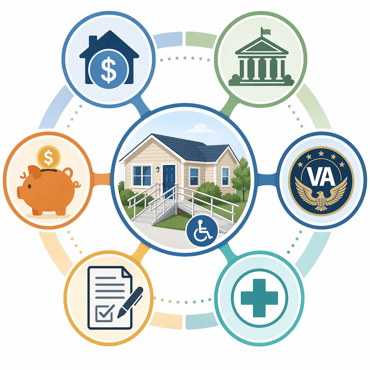 Hub-and-spoke infographic illustration showing six categories of funding sources radiating from a central house icon with an accessibility ramp. Categories depicted include home equity, government grants and loans, VA benefits, Medicaid and Medicare coverage, tax deductions, and personal savings. Flat illustration style with blue, green, and amber color palette.