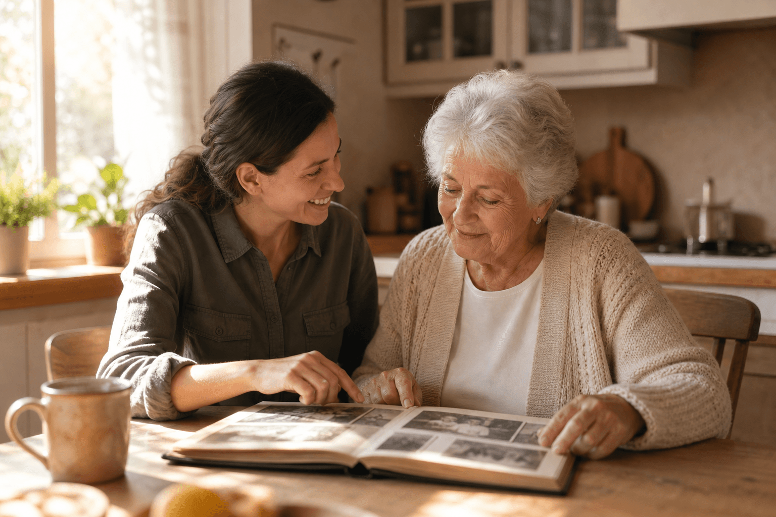 A caregiver and an older woman sit at a sunlit wooden kitchen table looking at a photo album together. Warm earth tones, natural window light, no medical equipment. The scene conveys dignified companionship and trust in home care.
