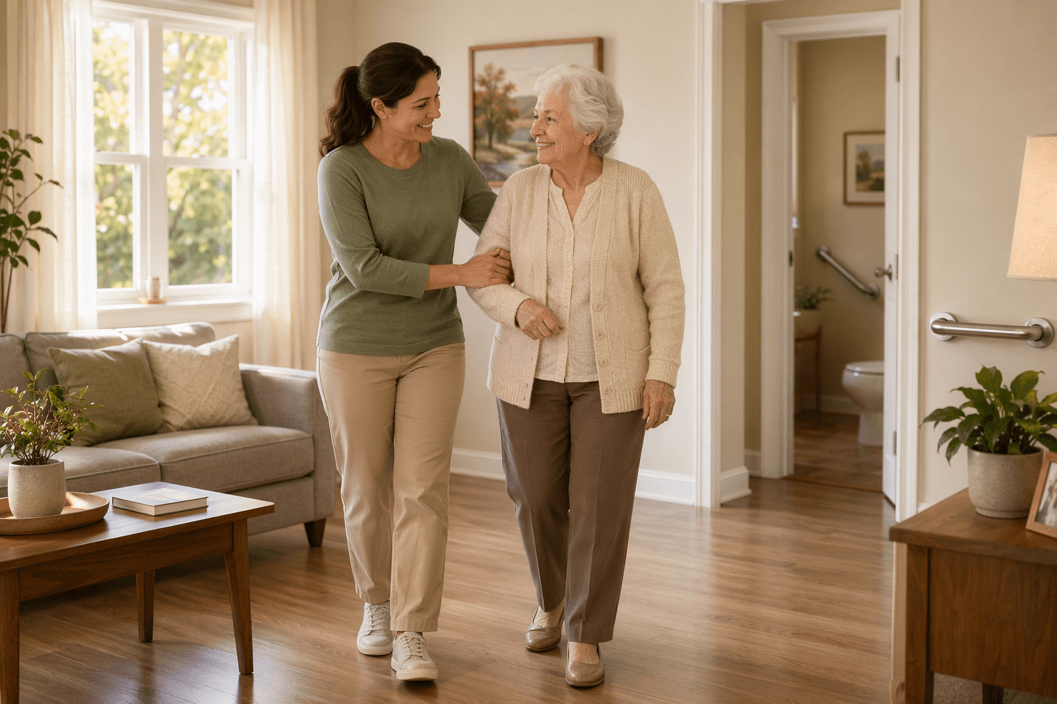 A caregiver gently supports an older woman as they walk through a bright living room with fall-prevention features like a clear path and a grab bar near the doorway.