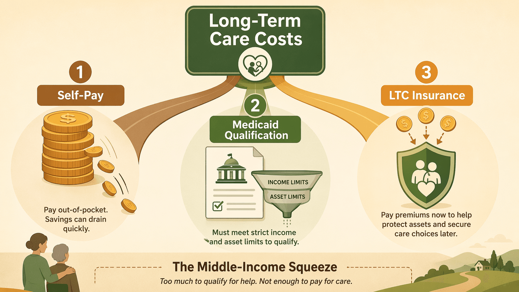 A flat vector illustration showing three diverging payment pathways from 'Long-Term Care Costs': Self-Pay with a draining coin stack, Medicaid Qualification with a document and government building icon showing income limits, and LTC Insurance with a shield icon and coins — with 'The Middle-Income Squeeze' annotation at the bottom.