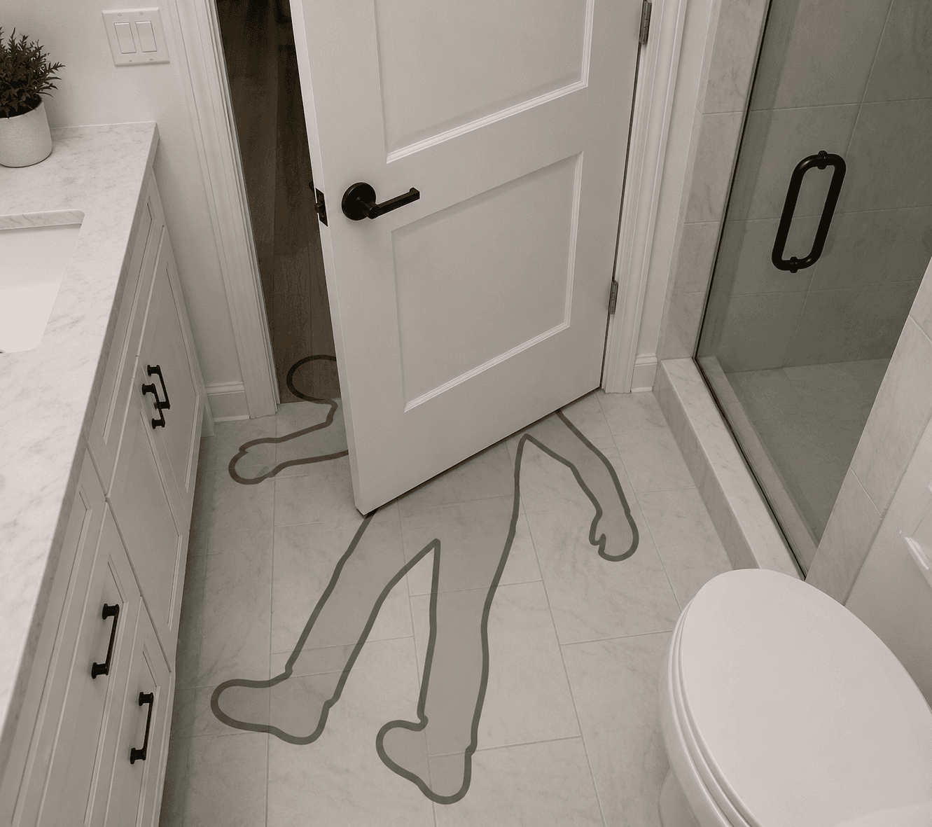 Inward-swinging bathroom door blocked by the outline of a fallen person on the floor