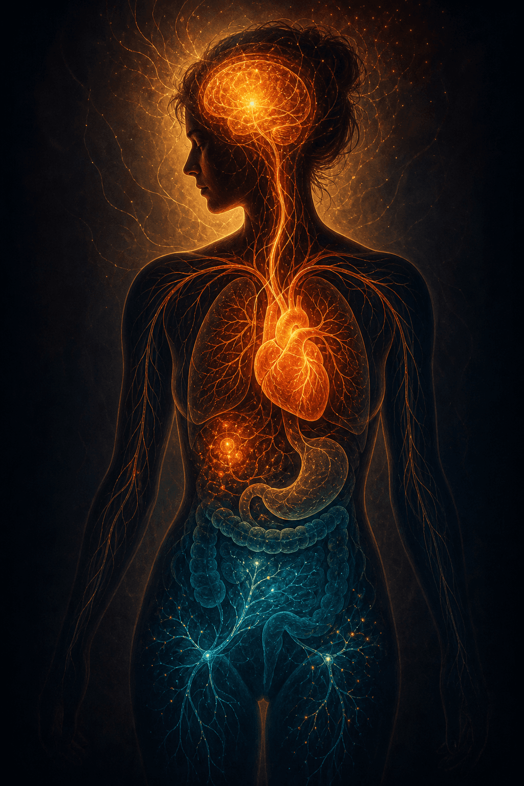 An abstract editorial illustration of a human silhouette with soft amber and warm orange glowing lines radiating from the head and chest area, transitioning to cooler blue tones lower in the body. The visual depicts the physiological stress response to chronic sleep deprivation on a dark background.