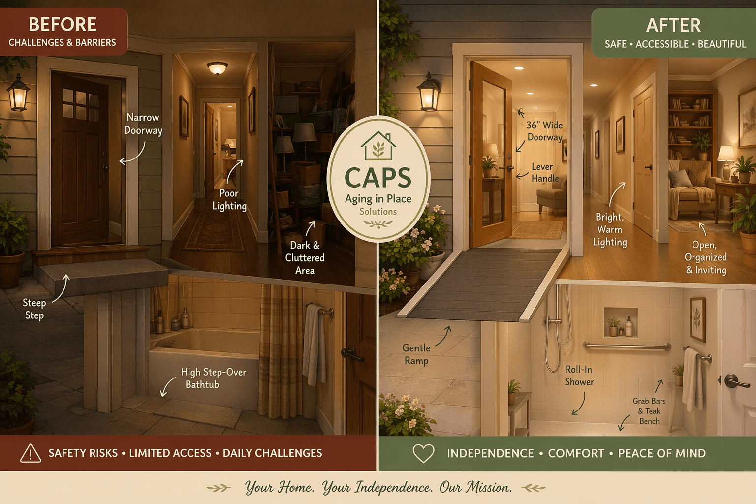 Split illustration showing a home before and after CAPS modifications: left side has a steep entrance step, narrow doorway, high-step bathtub, and dim hallway; right side shows the same home with a gentle entrance ramp, wide doorway with lever handle, roll-in shower with grab bars and bench, and warm bright lighting, with a small CAPS badge icon floating between the two scenes.