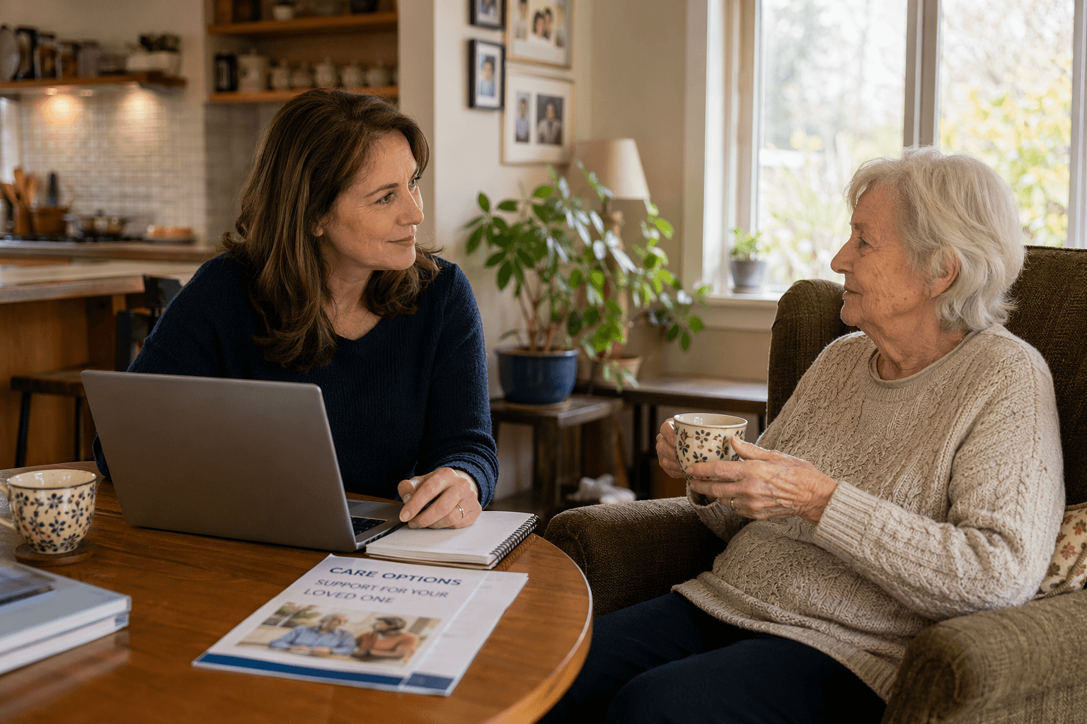 An adult daughter in her mid-40s sits at a sunlit kitchen table with a laptop and notebook, looking thoughtfully toward her elderly mother who relaxes in an armchair with a cup of tea.