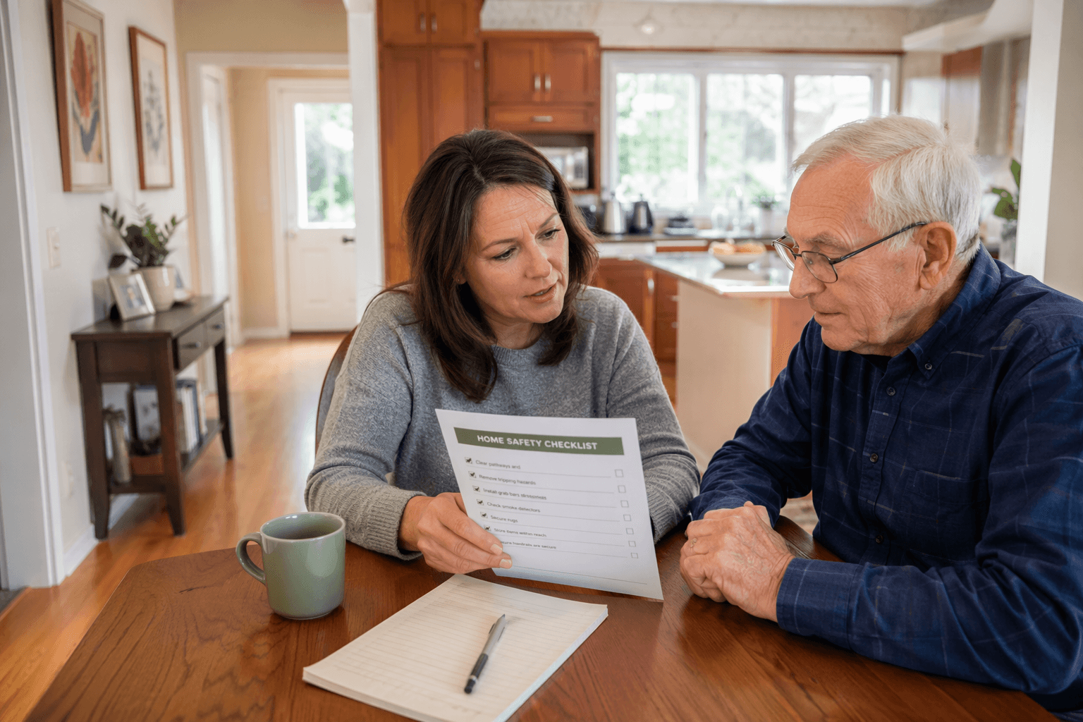 A middle-aged woman and her elderly father review a printed checklist at a kitchen table