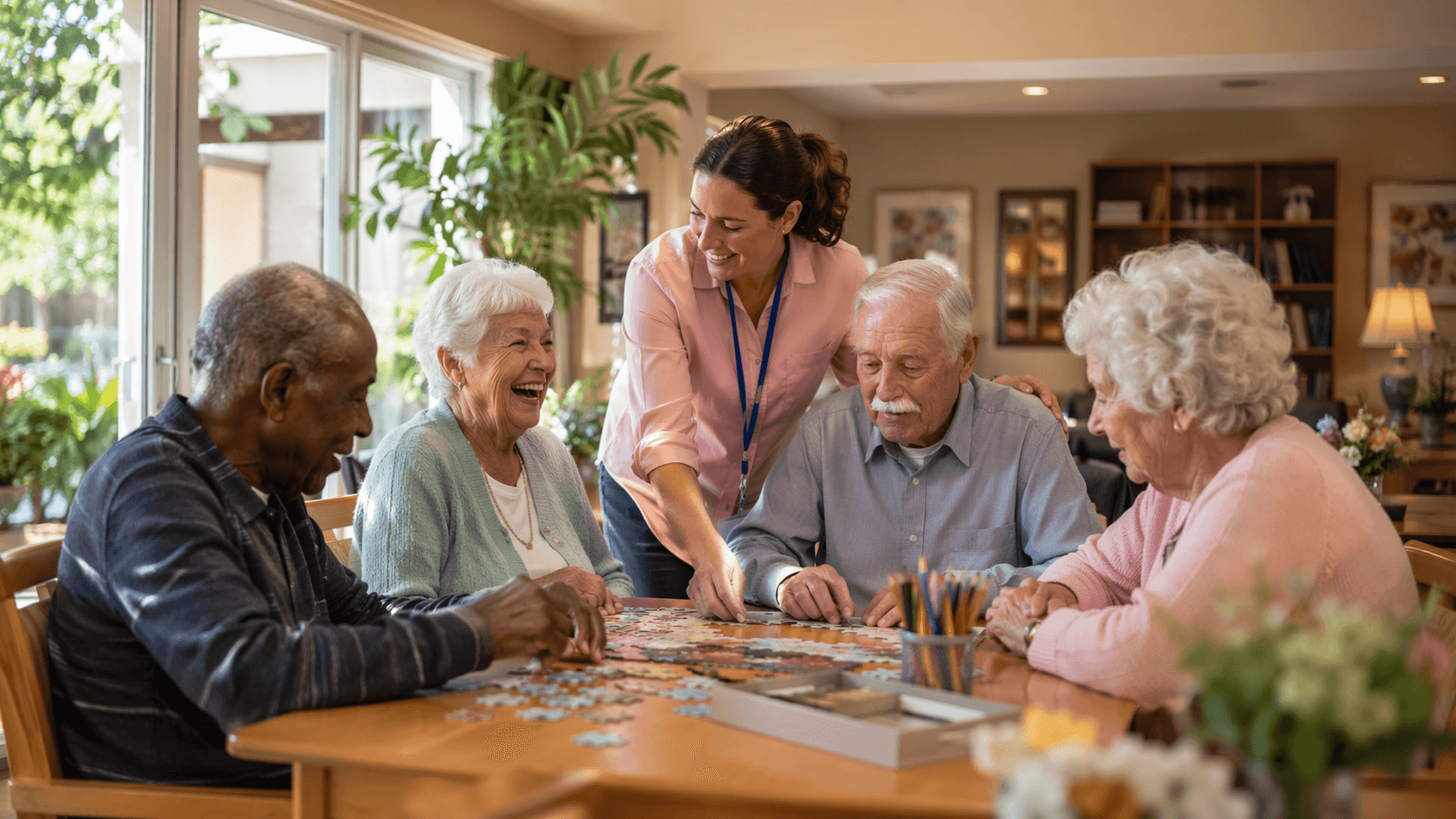 Seniors and a staff member doing a group puzzle activity in a bright adult day care center