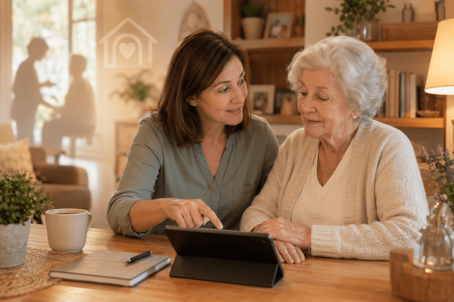 A middle-aged daughter and her elderly mother sitting at a wooden table reviewing a tablet together in a warm, light-filled living room.