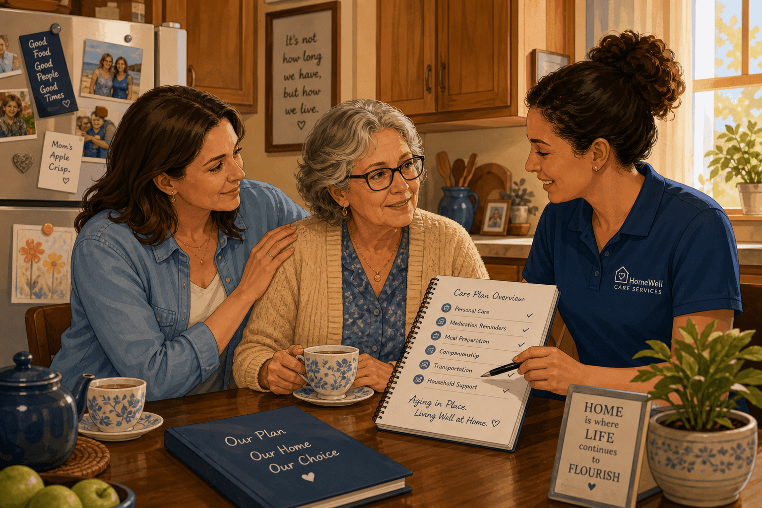An adult daughter and her elderly mother sit at a home kitchen table with a home care aide reviewing a care plan. Natural light fills the room, conveying dignity and collaborative decision-making.
