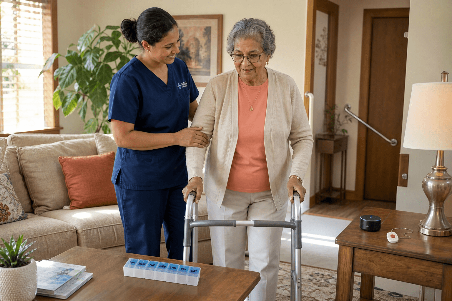 A home care aide gently assists an older woman walking with a walker in a sunlit living room, with subtle safety cues like grab bars and a medical alert pendant visible.