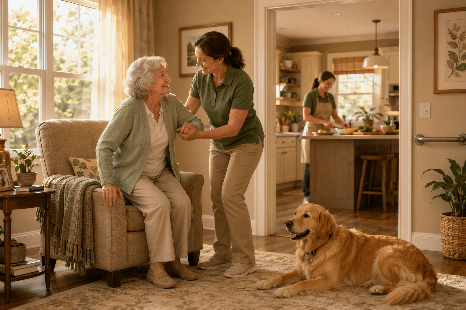 A warm digital illustration of a sunlit living room where a caregiver gently assists an elderly woman to stand from an armchair while another caregiver prepares a meal in the background.