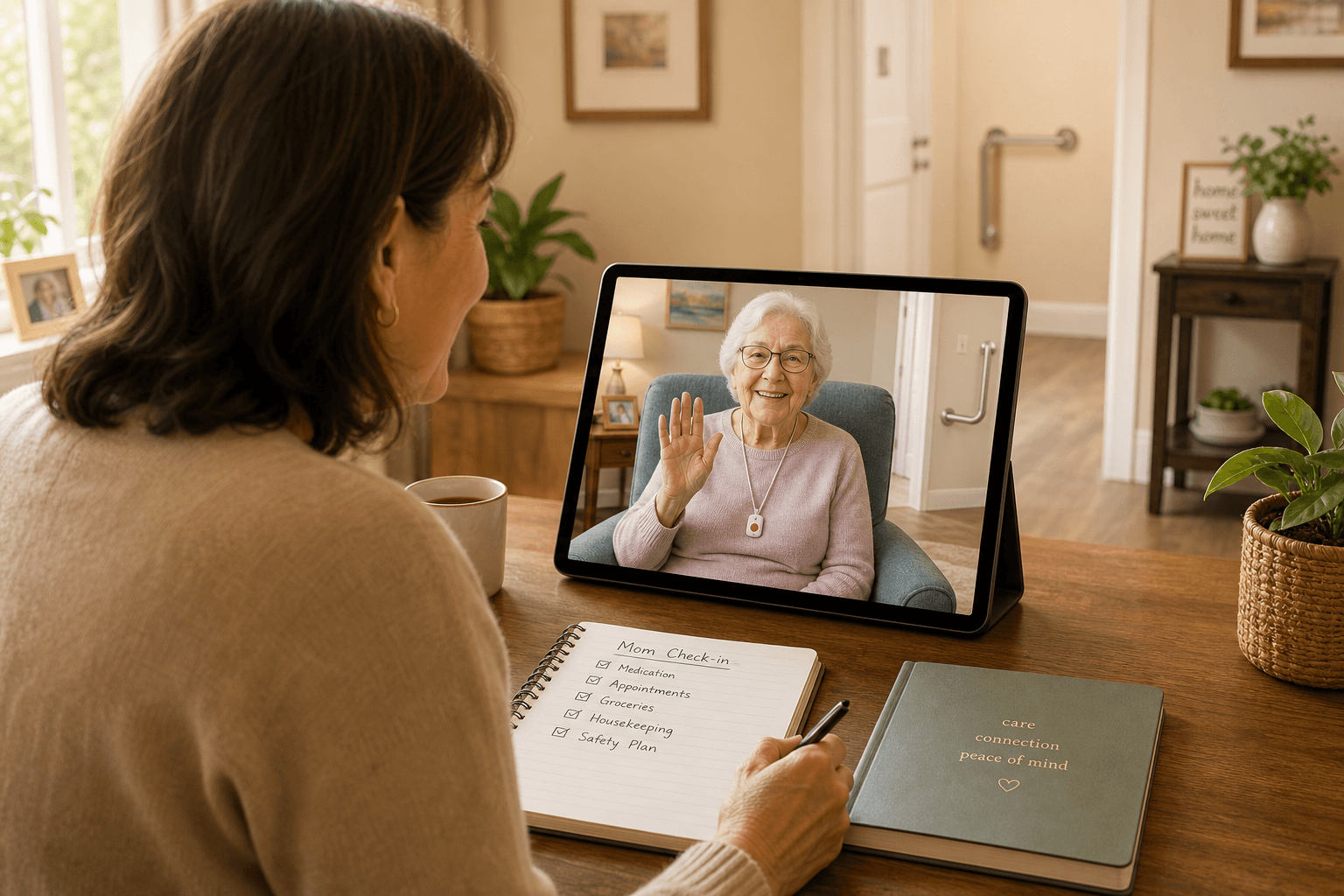 A middle-aged woman on a video call with her elderly mother, who wears a medical alert pendant and sits in a safe, well-lit living room. The daughter has a notebook beside her tablet.
