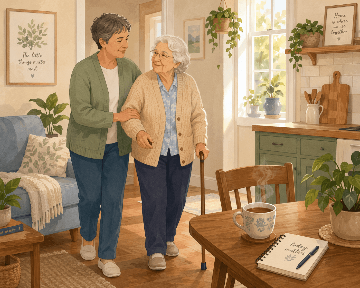 A middle-aged adult gently helping an older adult with a walking cane walk from a living room couch toward a kitchen table with a cup of tea and a daily planner.