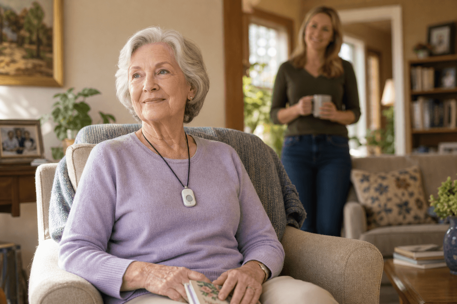 An elderly woman with silver hair sits calmly in a sunlit living room armchair, wearing a small medical alert pendant around her neck, with a younger woman softly visible in the background.