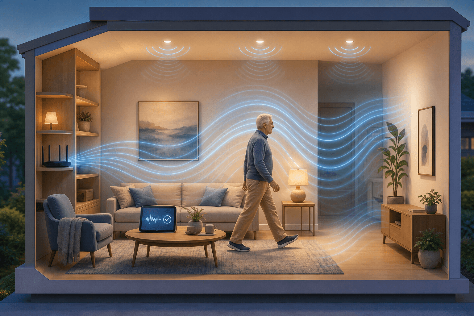 Cross-section of a modern living room with a WiFi router emitting translucent blue wave ripples through the air, an older adult walking across the room as the waves subtly shift around their movement, and a tablet displaying a waveform pattern.