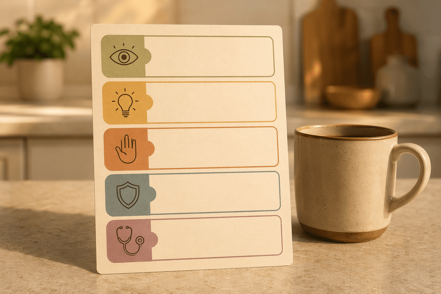 A single dementia behavior quick-reference card on a kitchen counter next to a coffee mug. The card shows five sections with simple icons: eye for Recognize, lightbulb for Understand, hand for Act, shield for Prevent, stethoscope for When to Call the Doctor.