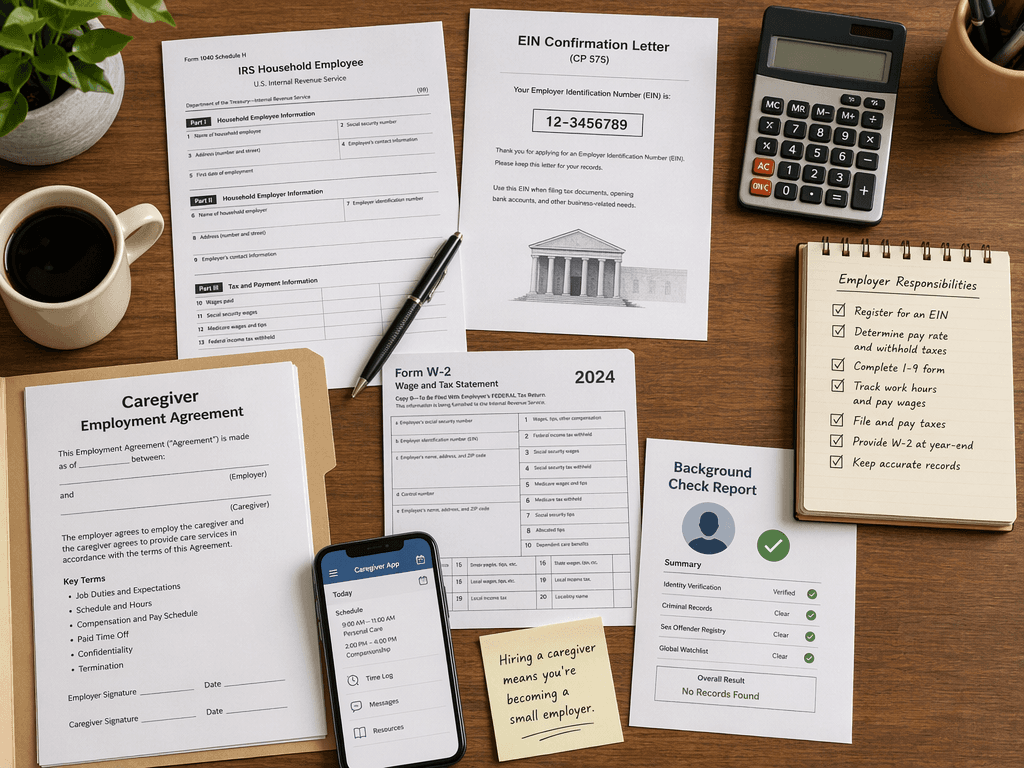 A flat lay of IRS tax forms, an EIN confirmation letter, a W-2 form, a caregiver contract, a background check report, a calculator, a notepad with a checklist, and a smartphone arranged on a wooden desk.