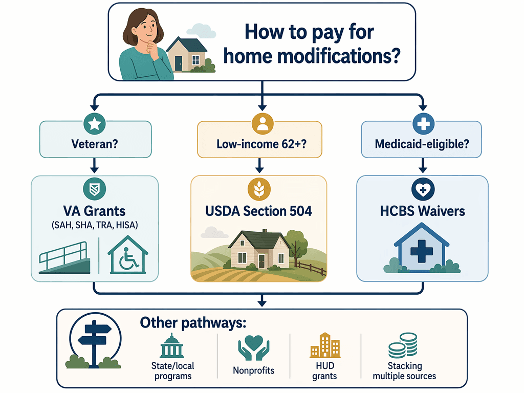 Decision-tree flow chart for home modification funding: start point 'How to pay for home modifications?' branches to three main paths: Veteran → VA Grants, Low-income 62+ → USDA Section 504, Medicaid-eligible → HCBS Waivers, with lower section for other programs like state/local, nonprofits, HUD, and stacking. Warm teal, navy, gold palette.