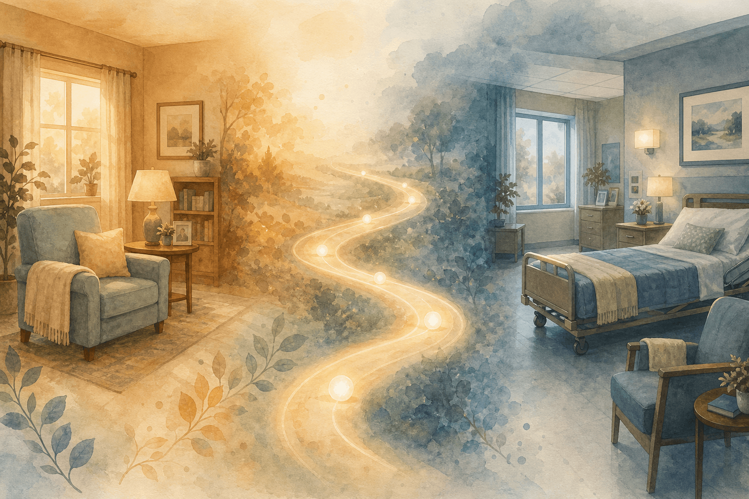 Gentle visual timeline of a senior living transition: left side shows a cozy assisted living apartment; center shows an abstract pathway of warm light with waypoint markers; right side shows a different living space suggesting a skilled nursing setting. Soft watercolor-like textures.